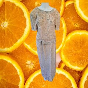 Vintage Stenay Formal Beaded Floral Tan Blousum Dress Size 12